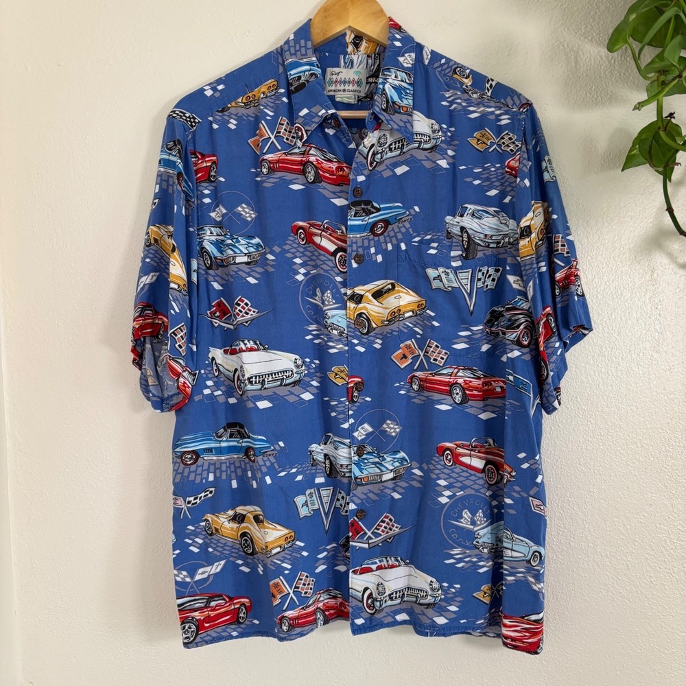 VTG Reyn Spooner Shirt Mens Large Blue Corvette Hawaiian Short Sleeve Button Up